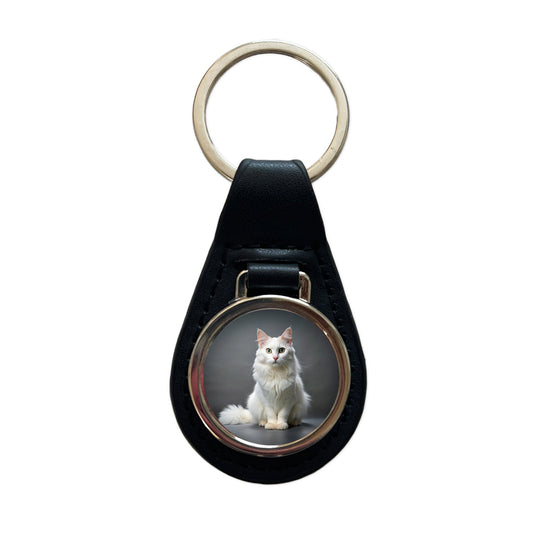 Turkish Angora Cat Photo Black Leather Metal Keychain