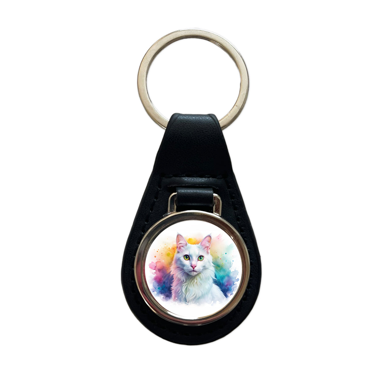 Turkish Angora Cat Watercolor Style Black Leather Metal Keychain