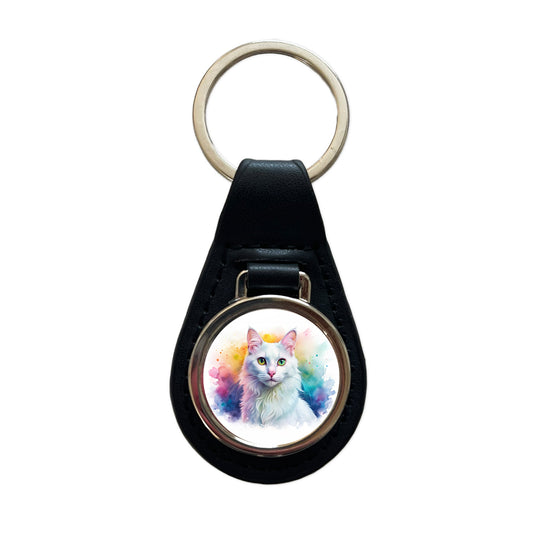 Turkish Angora Cat Watercolor Style Black Leather Metal Keychain
