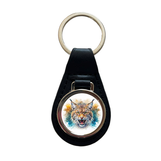 Angry Bobcat Watercolor Design Black Leather Metal Keychain