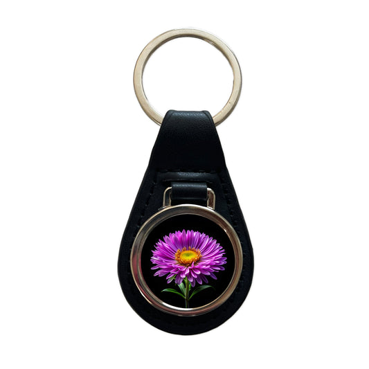 Aster Purple Flower Photo Black Leather Metal Keychain