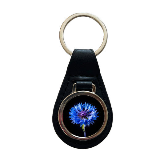 Blue Cornflower Photo Black Leather Metal Keychain