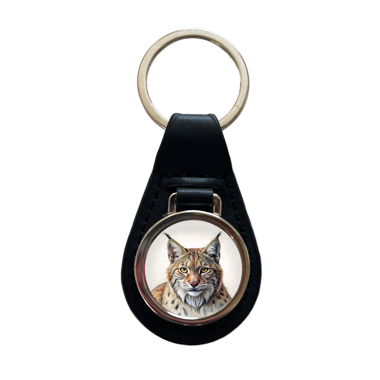 Bobcat Face Illustration Black Leather Metal Keychain
