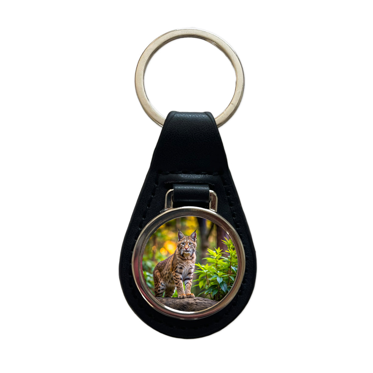 Bobcat In The Forest Black Leather Metal Keychain