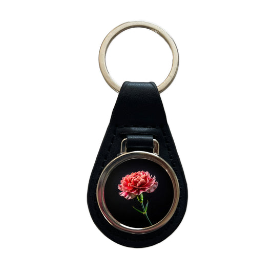 Carnation Flower Photo Black Leather Metal Keychain