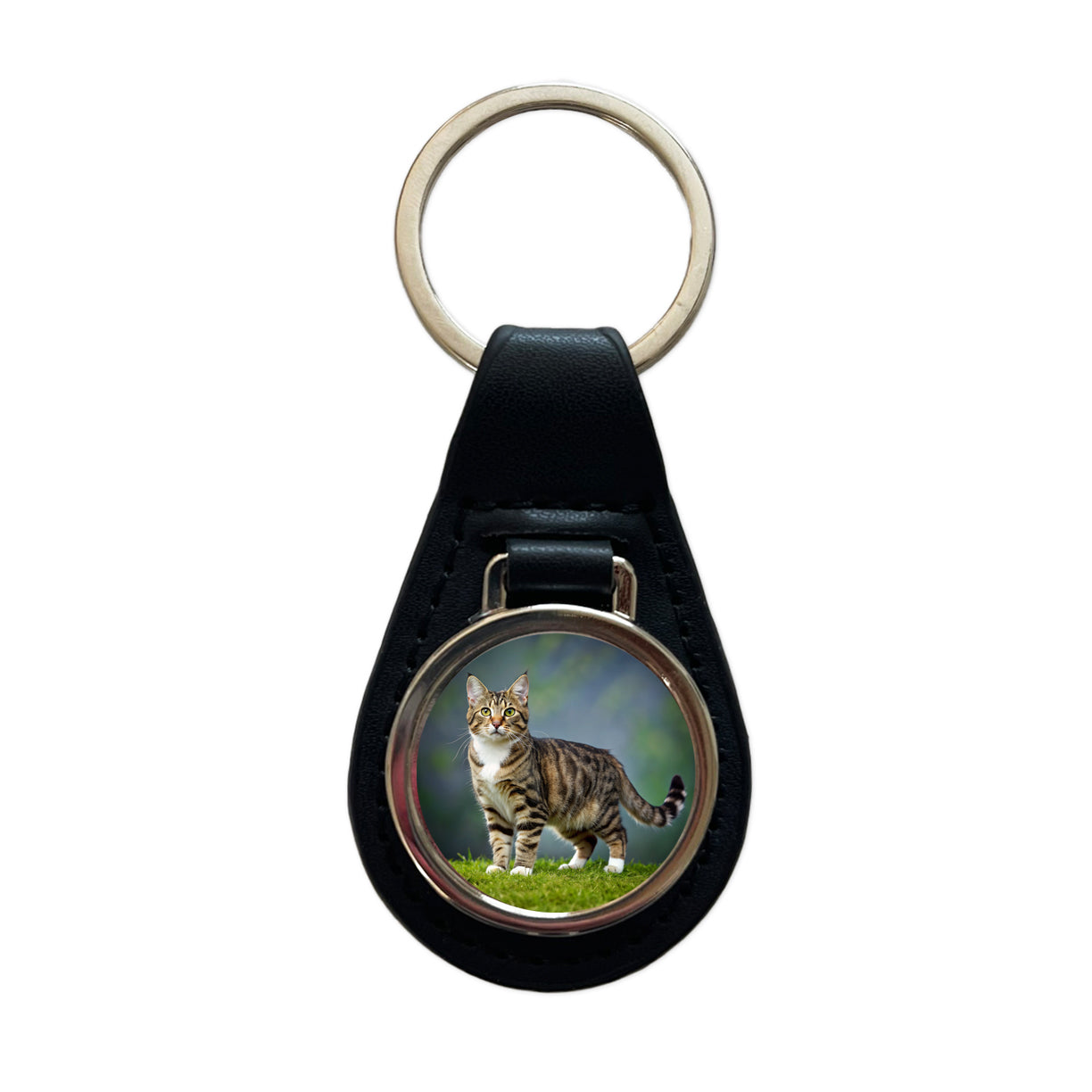 Cute Tabby Cat Photo Black Leather Metal Keychain