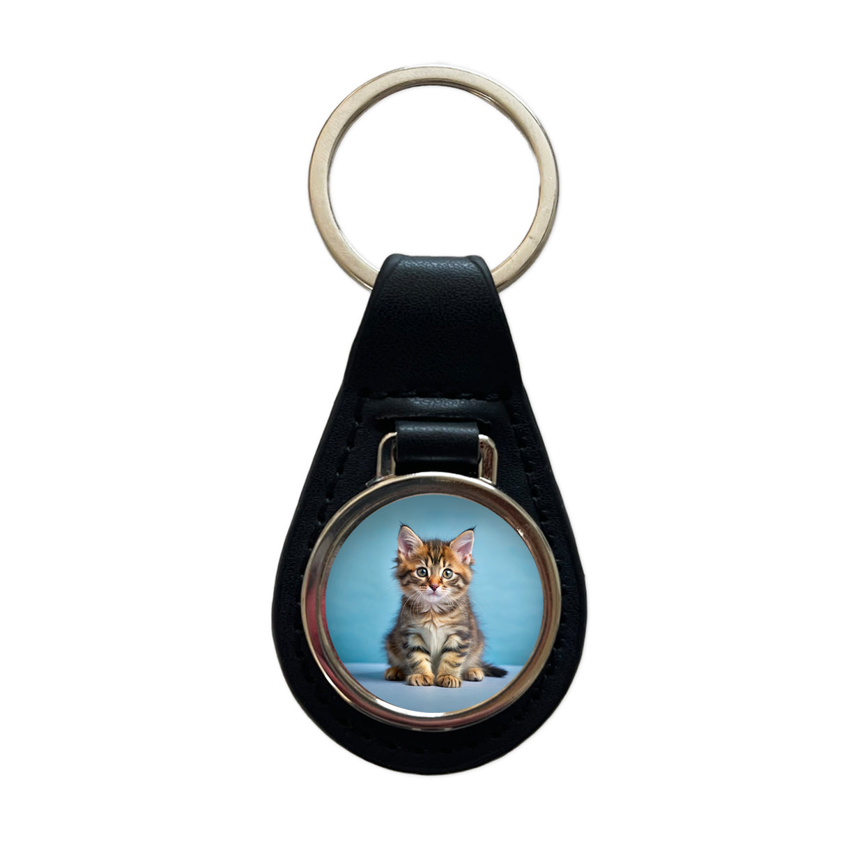 Cute Tabby Kitten Cat Photo Black Leather Metal Keychain