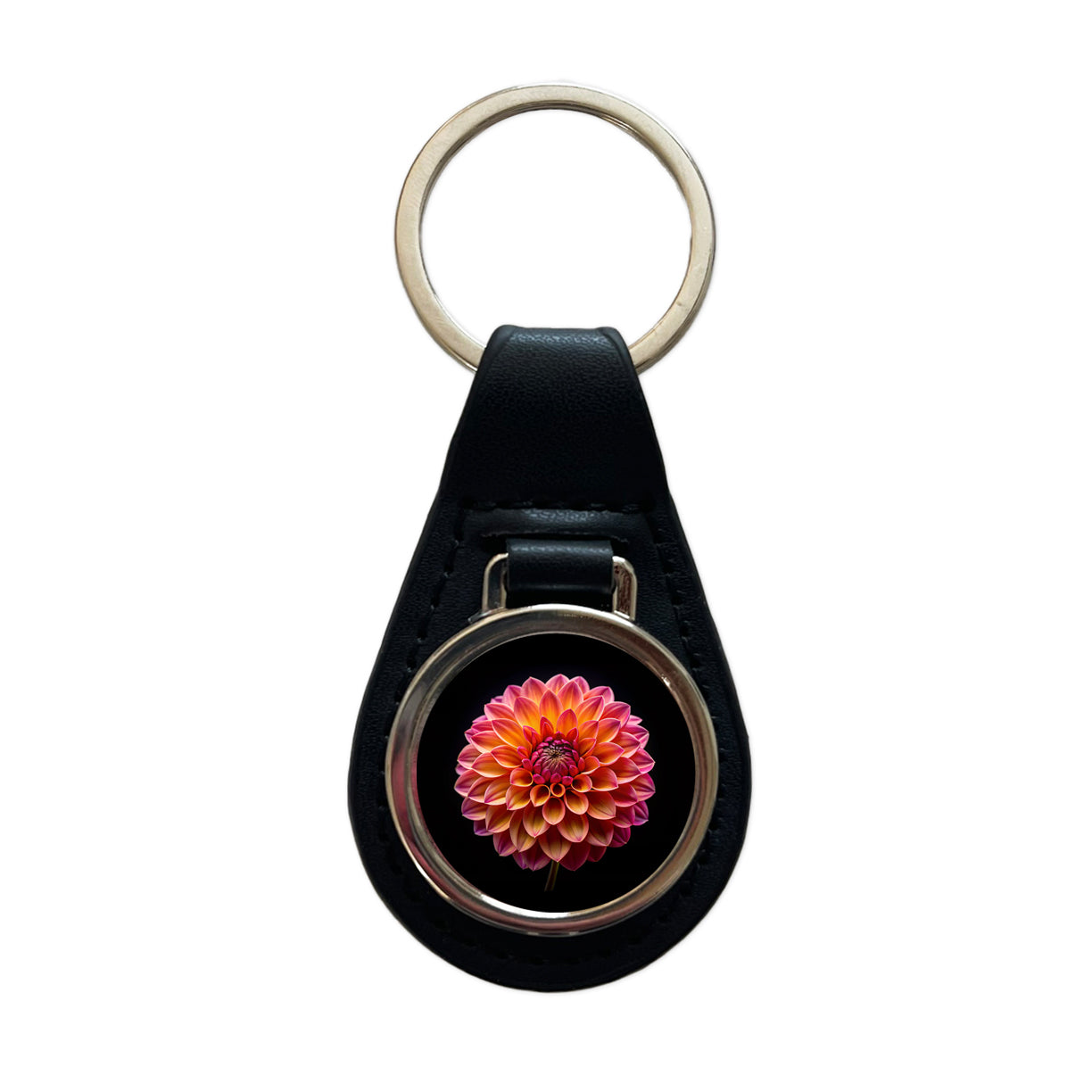 Dahlia Flower Photo Black Leather Metal Keychain
