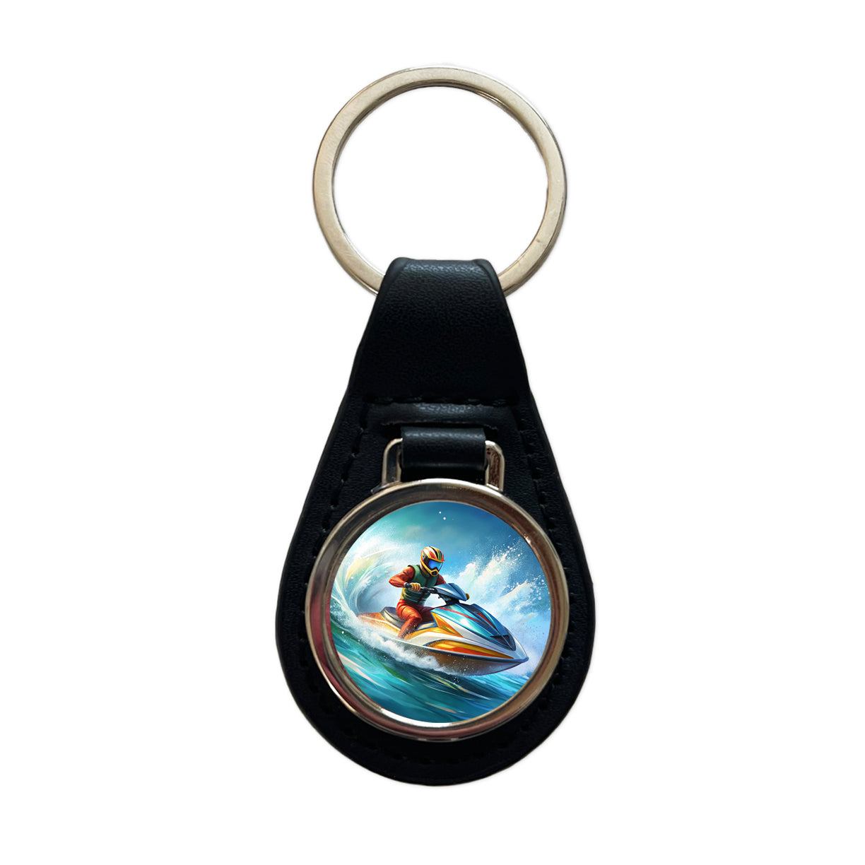 Jet Ski Skiing Racing Black Leather Metal Keychain