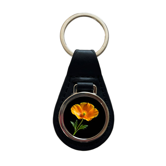 Orange California Poppy Flower Photo Black Leather Metal Keychain