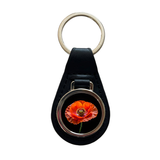 Orange Poppy Flower Photo Black Leather Metal Keychain