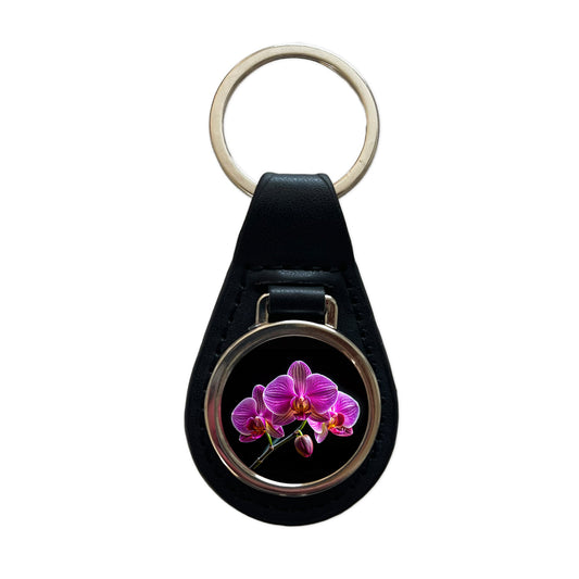 Orchid Flower Photo Black Leather Metal Keychain