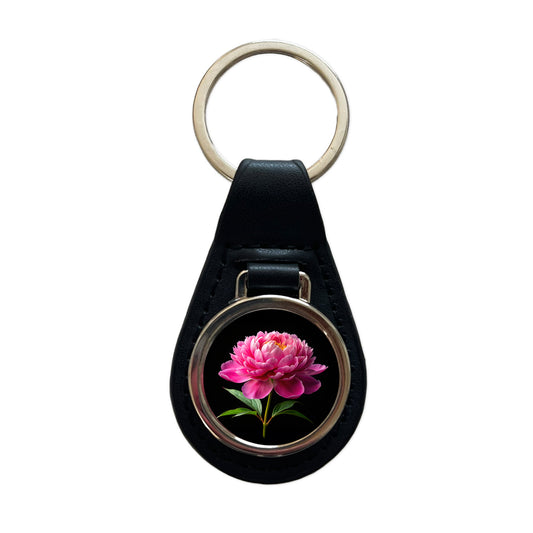 Peony Flower Photo Black Leather Metal Keychain