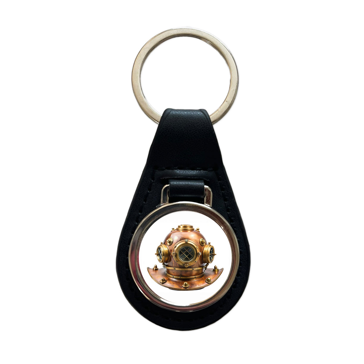 Retro Copper And Brass Diving Helmet Black Leather Metal Keychain