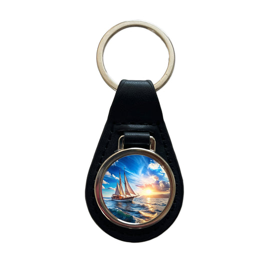 Sailboat On The Ocean Black Leather Metal Keychain
