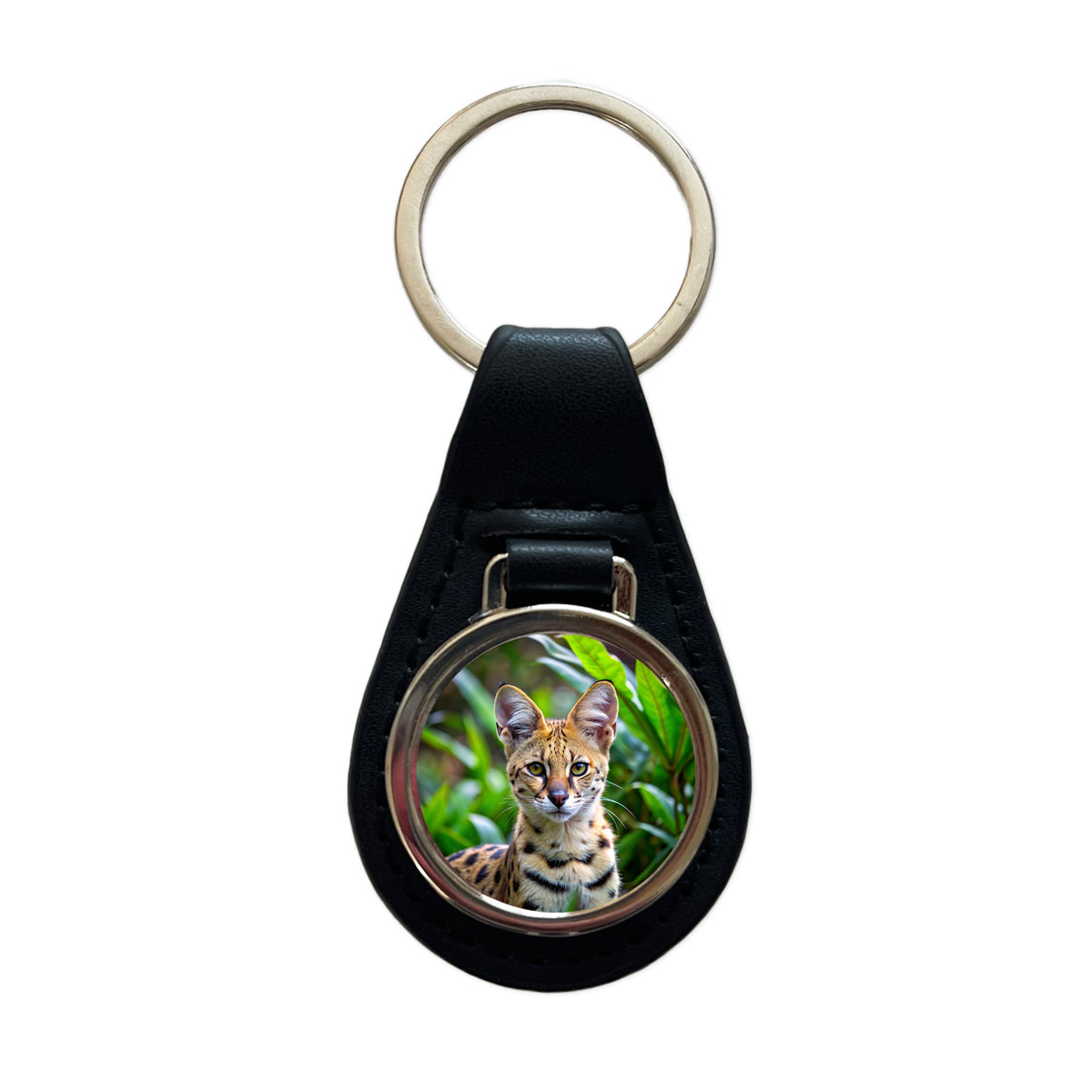 Serval Wild Cat Photo Black Leather Metal Keychain