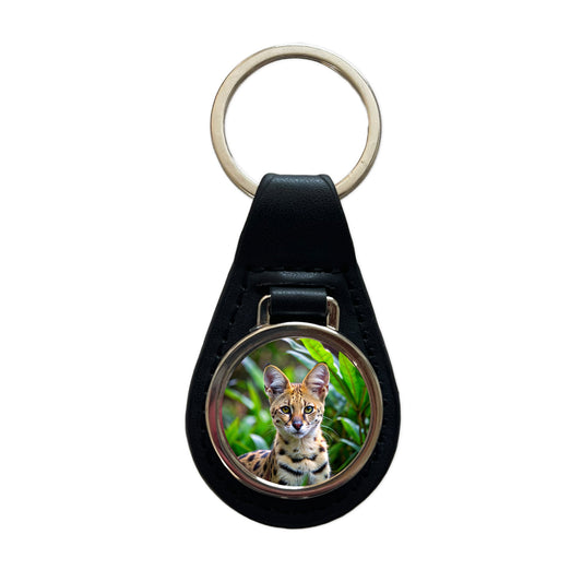 Serval Wild Cat Photo Black Leather Metal Keychain