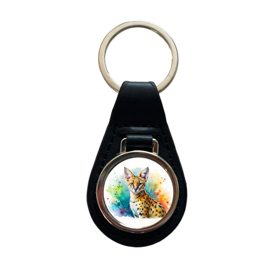 Serval Wild Cat Watercolor Design Black Leather Metal Keychain