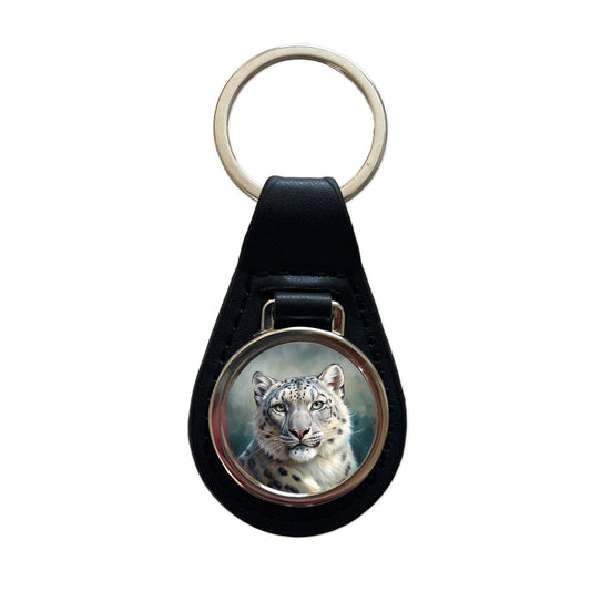 Snow Leopard Illustration Black Leather Metal Keychain