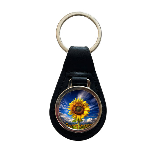 Sunflower Against a Deep Blue Sky Black Leather Metal Keychain