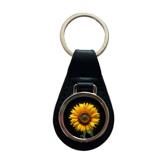 Sunflower Photo Black Leather Metal Keychain