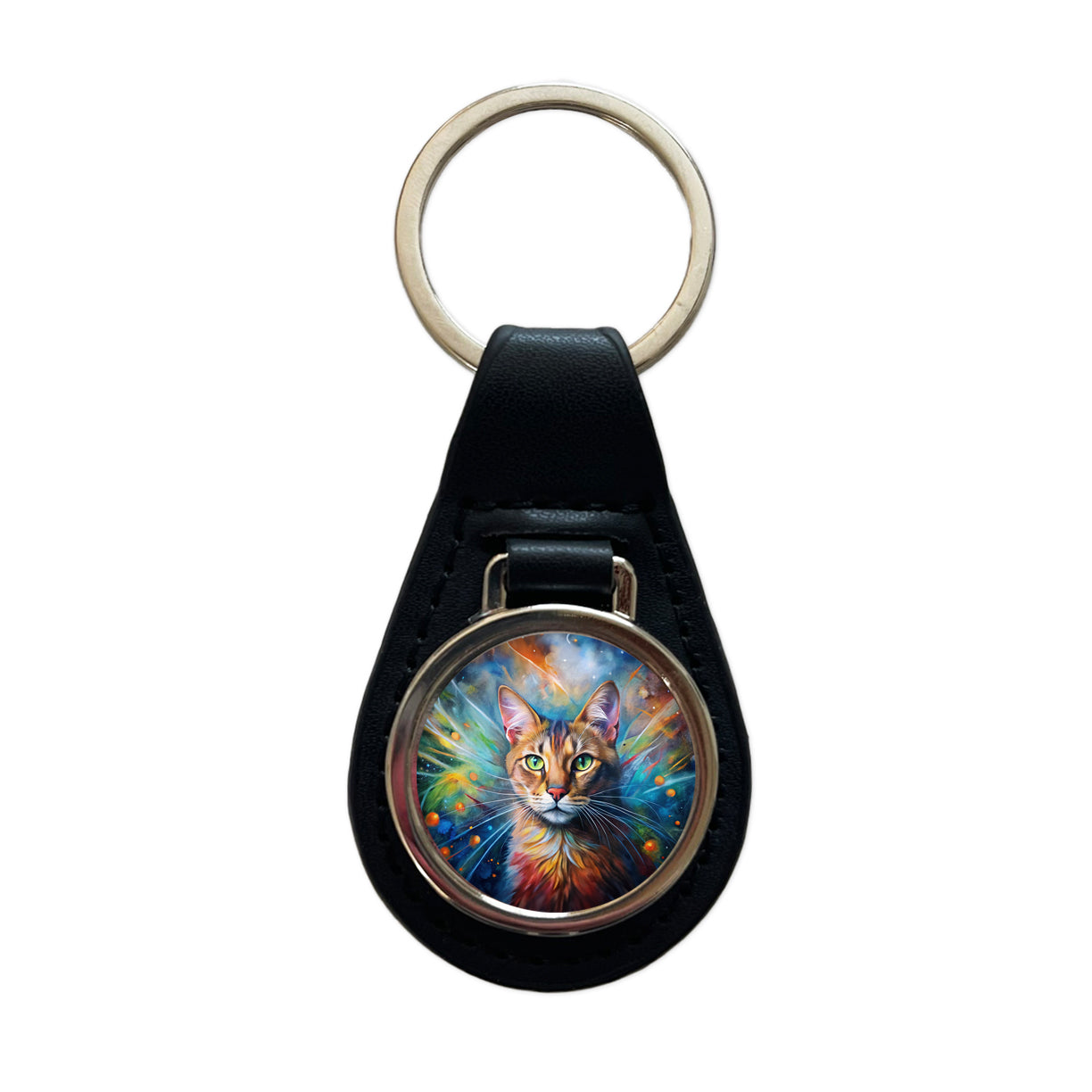 Tabby Cat Abstract Art Color Explosion Black Leather Metal Keychain
