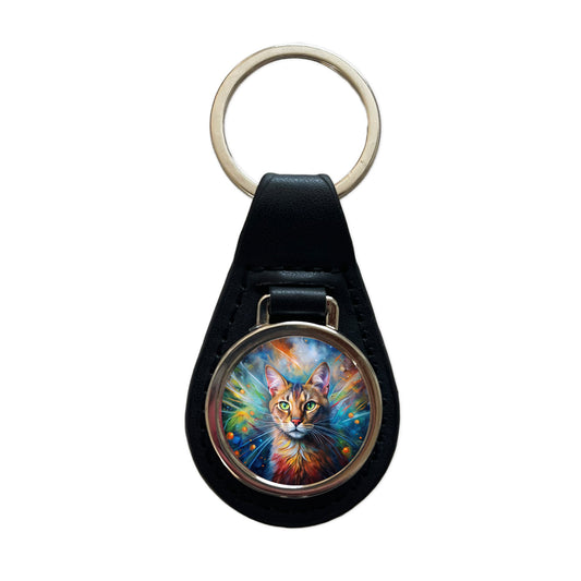 Tabby Cat Abstract Art Color Explosion Black Leather Metal Keychain