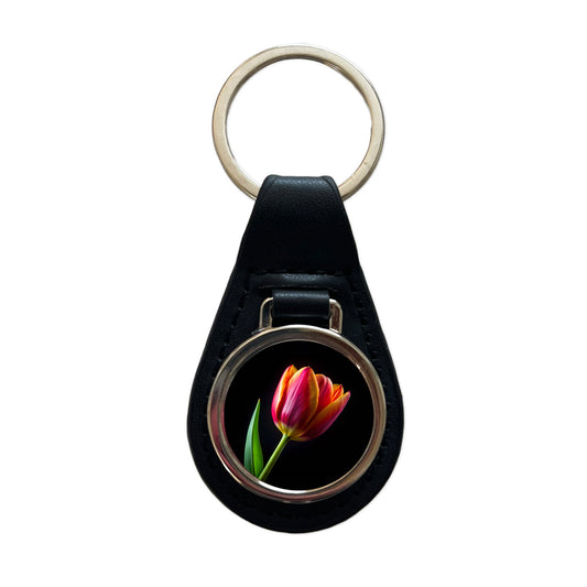 Tulip Flower Photo Black Leather Metal Keychain