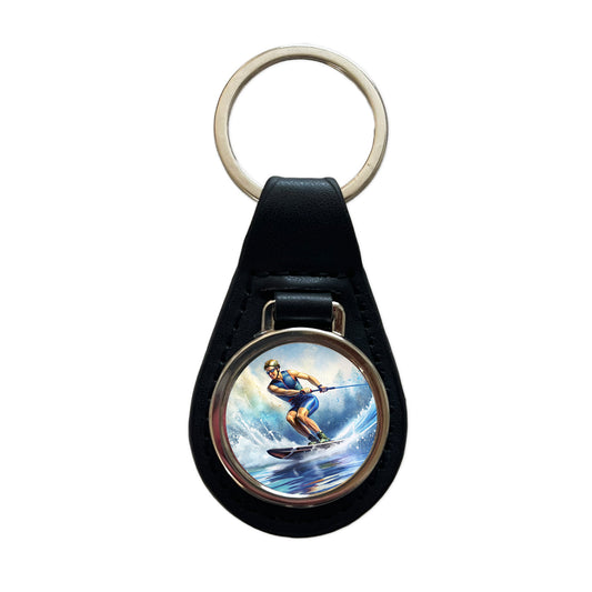 Water Ski Skiing Black Leather Metal Keychain