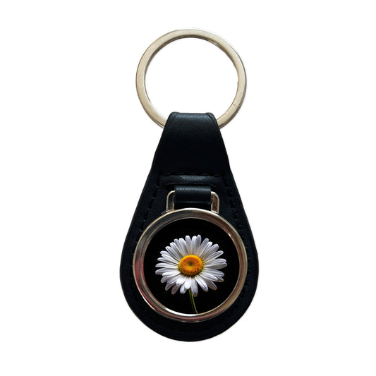 White Daisy Flower Photo Black Leather Metal Keychain