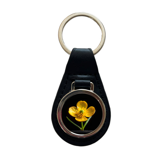Yellow Buttercup Flower Photo Black Leather Metal Keychain