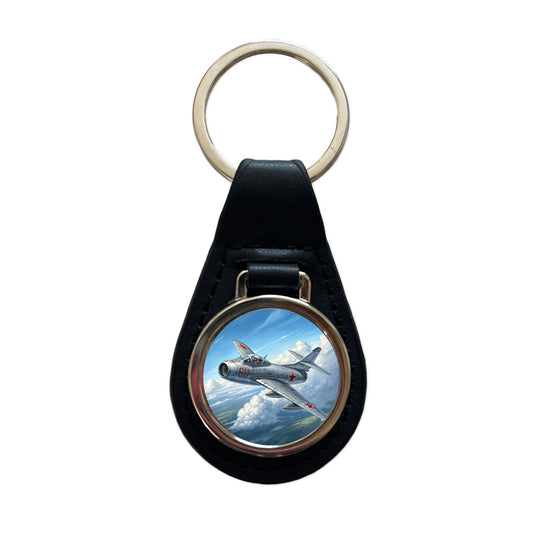 MiG-15 Russian Fighter Jet Plane Black Leather Metal Keychain