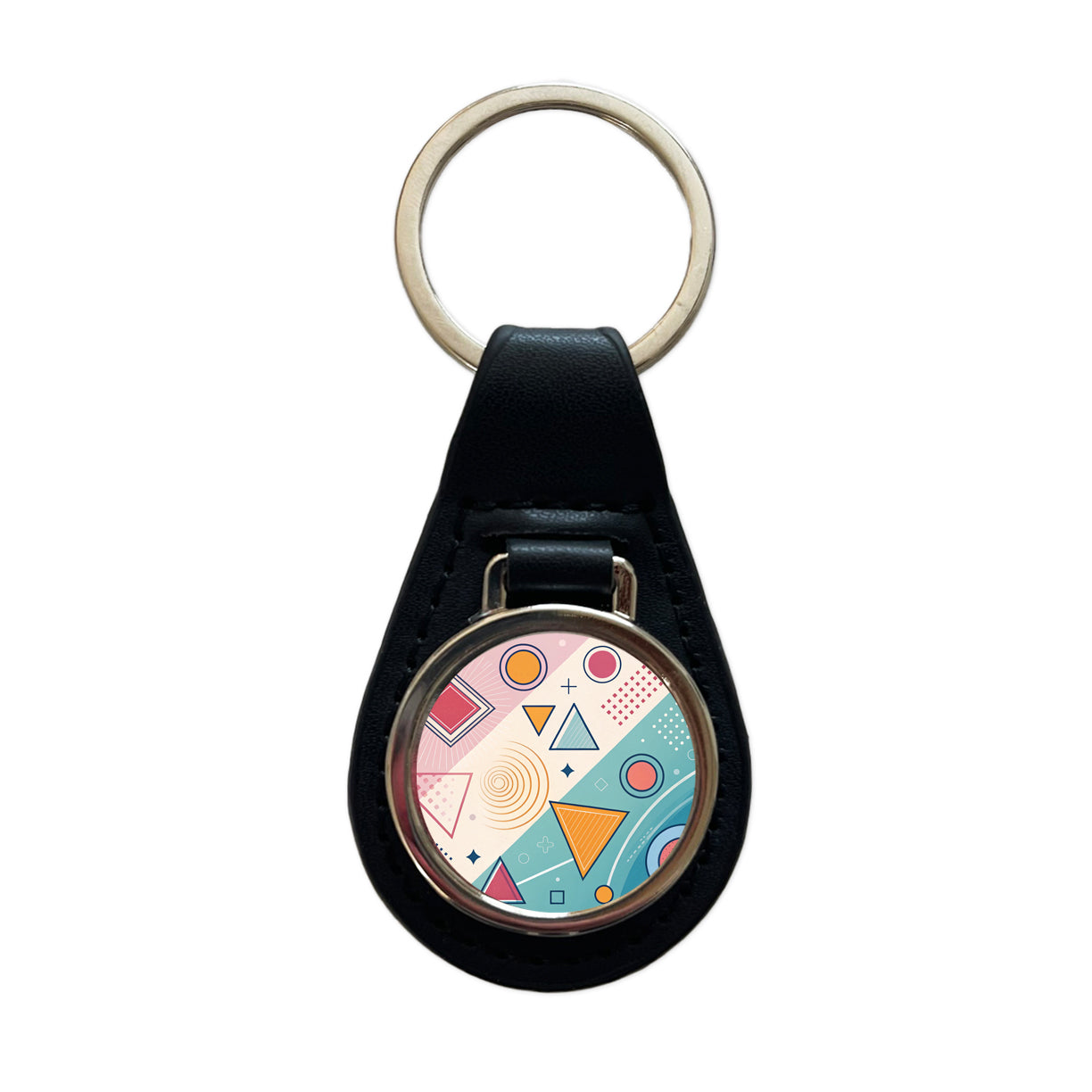 Abstract Geometric Shapes Colorful Black Leather Metal Keychain