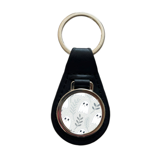 Adorable Ghosts Halloween Black Leather Metal Keychain