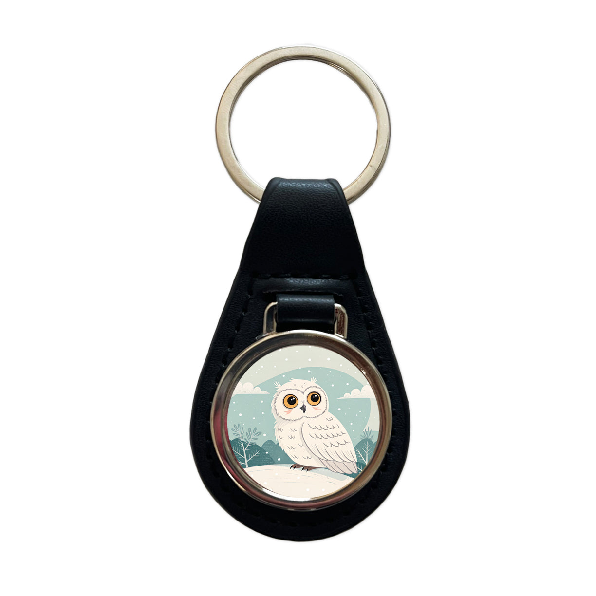 Adorable Snowy Owl Black Leather Metal Keychain