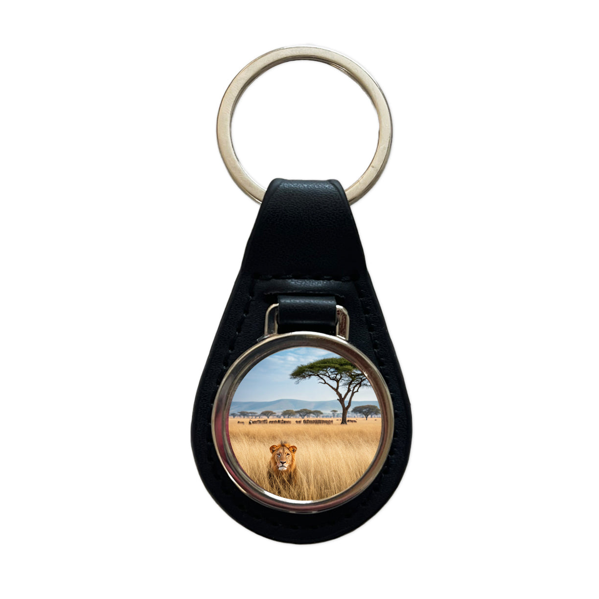 African Safari Lion Black Leather Metal Keychain