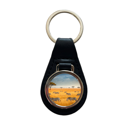 African Safari Zebras Black Leather Metal Keychain