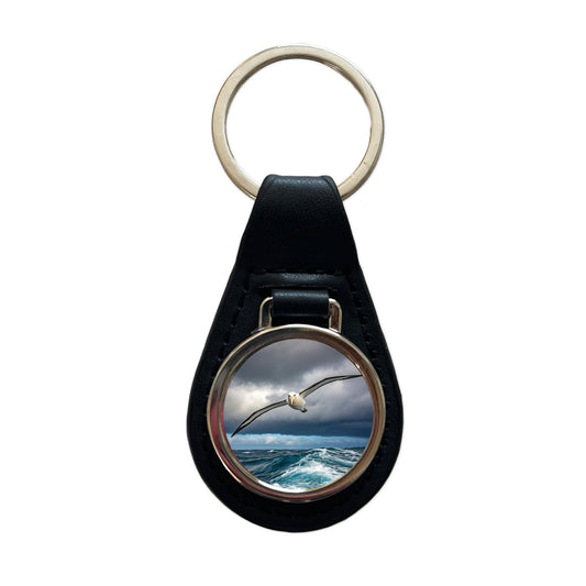 Albatross Bird Flying Over Ocean Photo Black Leather Metal Keychain
