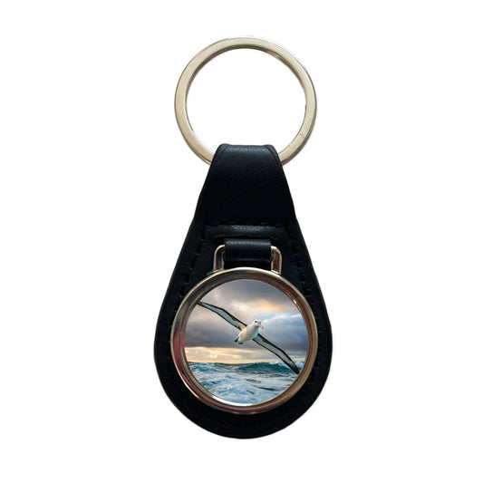Albatross Bird Photo Black Leather Metal Keychain