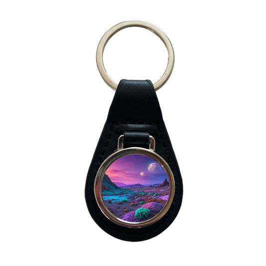 Alien Planet Surface Beautiful Black Leather Metal Keychain
