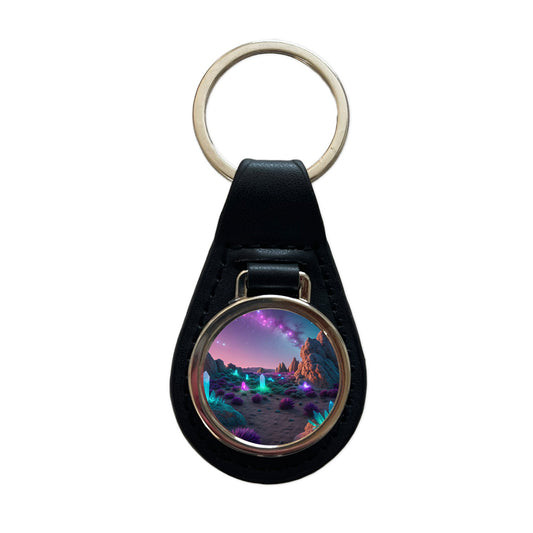 Alien Planet Surface Colorful Black Leather Metal Keychain