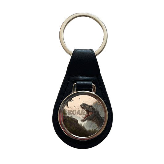 Allosaurus Roar Dinosaur Black Leather Metal Keychain
