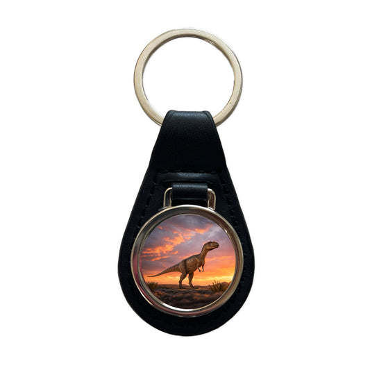 Allosaurus Standing Sunset Dinosaur Black Leather Metal Keychain