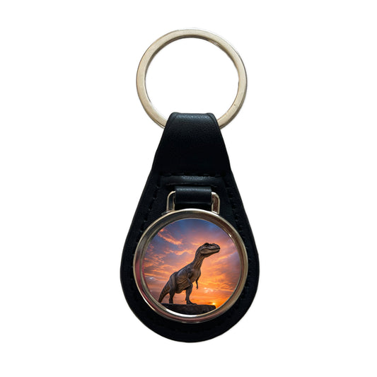 Allosaurus Sunset Dinosaur Black Leather Metal Keychain