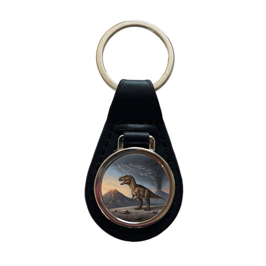 Allosaurus Two Volcanos Dinosaur Black Leather Metal Keychain
