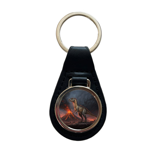 Allosaurus Volcano Dinosaur Black Leather Metal Keychain