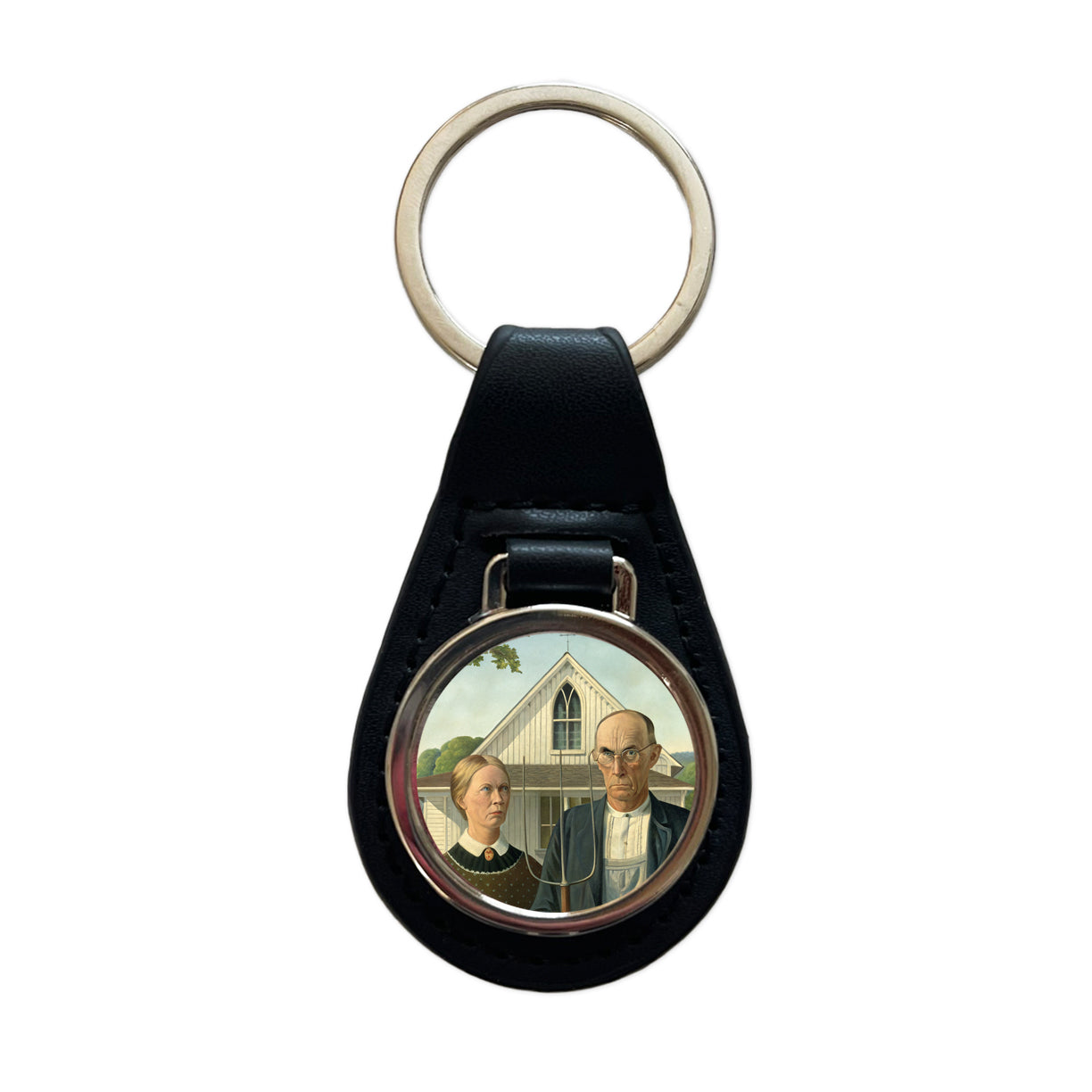American Gothic Grant Wood Painting Inspired Black Leather Metal Keychain