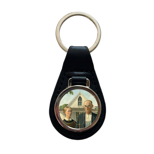 American Gothic Grant Wood Painting Inspired Black Leather Metal Keychain
