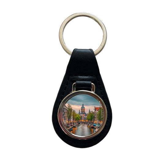 Amsterdam Netherlands Twilight Canals Black Leather Metal Keychain