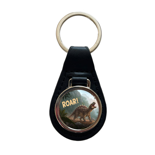 Ankylosaurus Roar Dinosaur Black Leather Metal Keychain